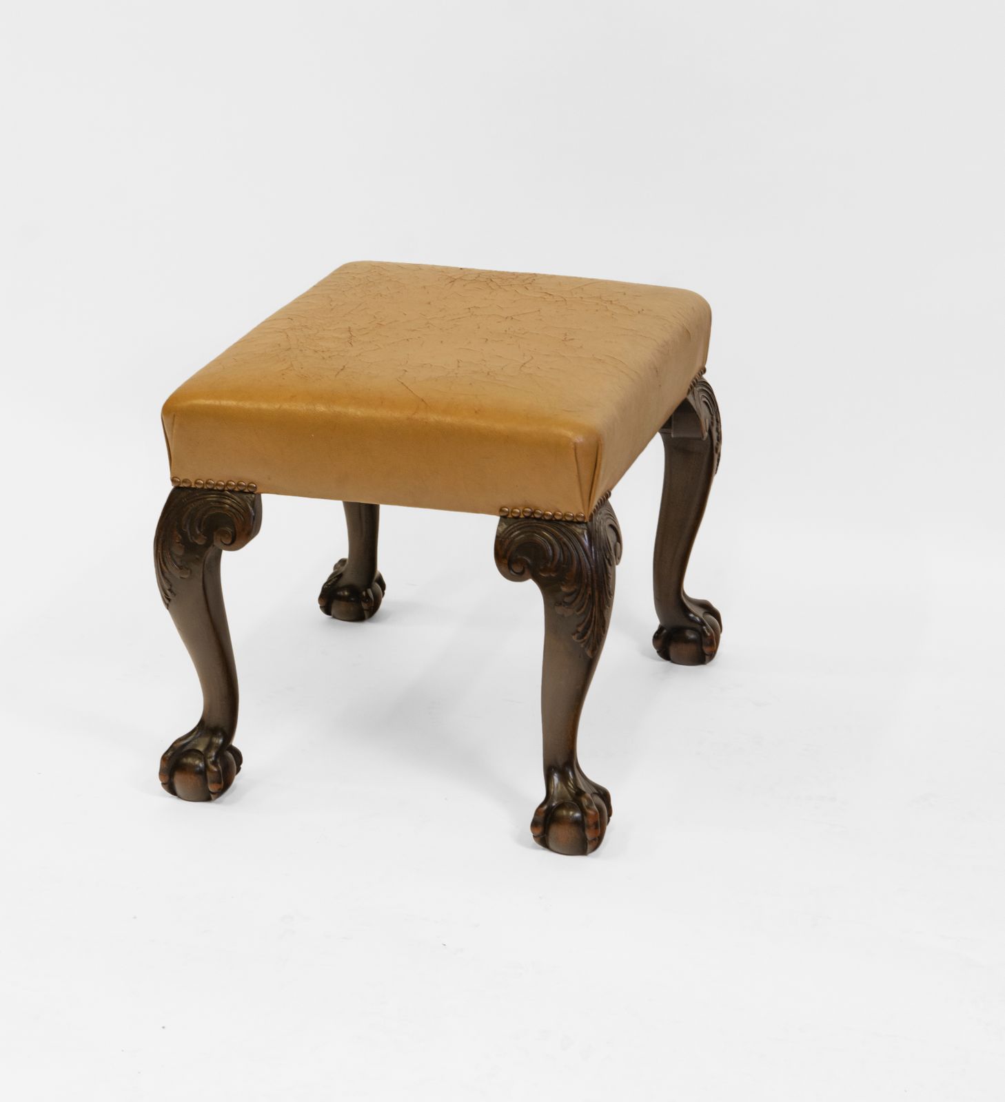 Antique Edwardian Mahogany & Leather Stool Seat On Claw & Ball Legs photo for sale
