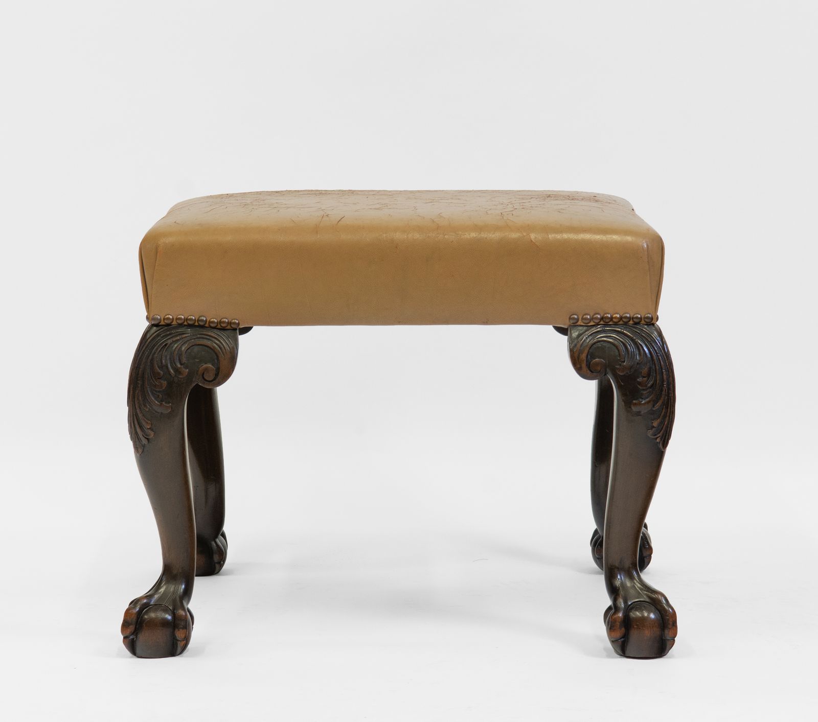 Antique Edwardian Mahogany & Leather Stool Seat On Claw & Ball Legs photo vintage