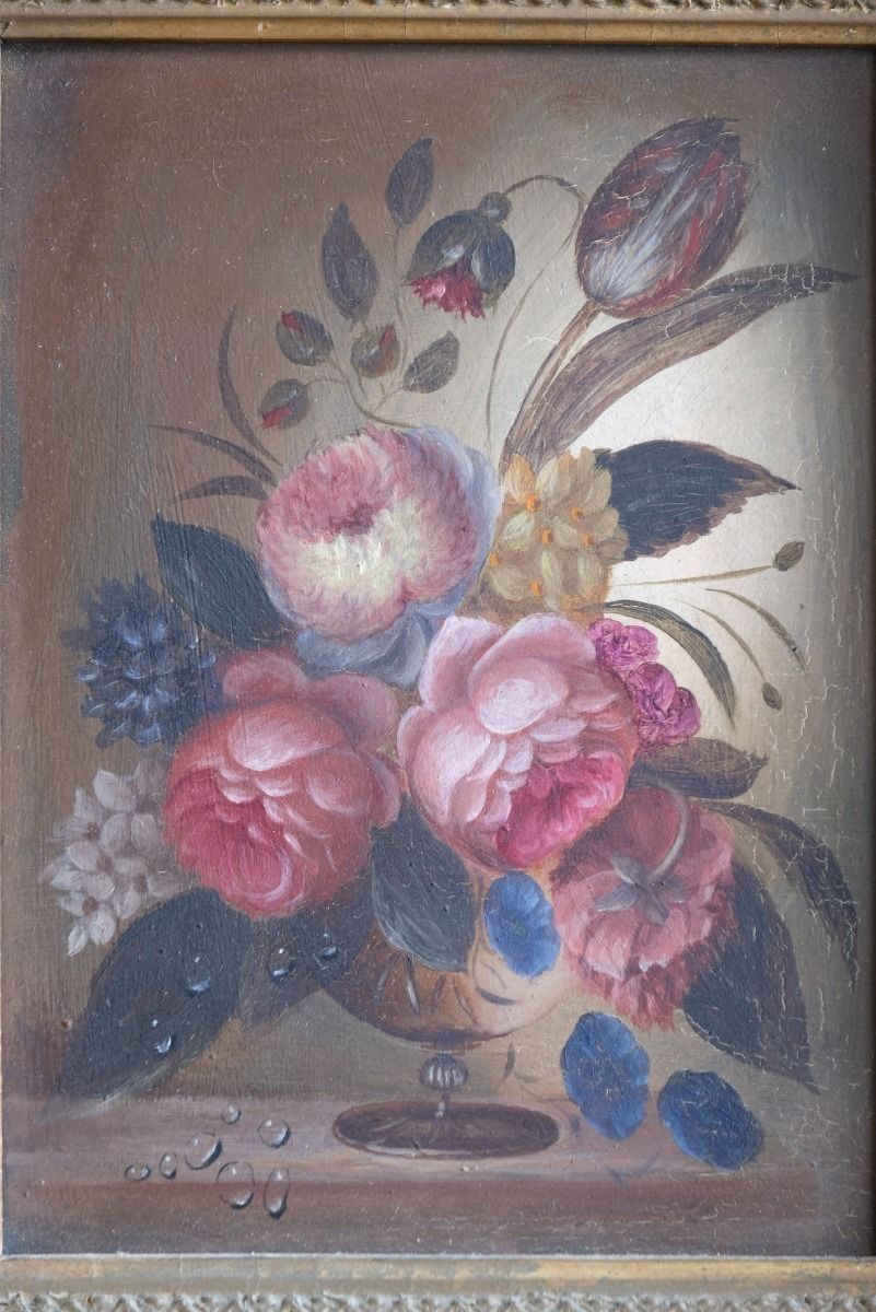 photo buy English School Oil On Board Still Life Of Garden Flowers