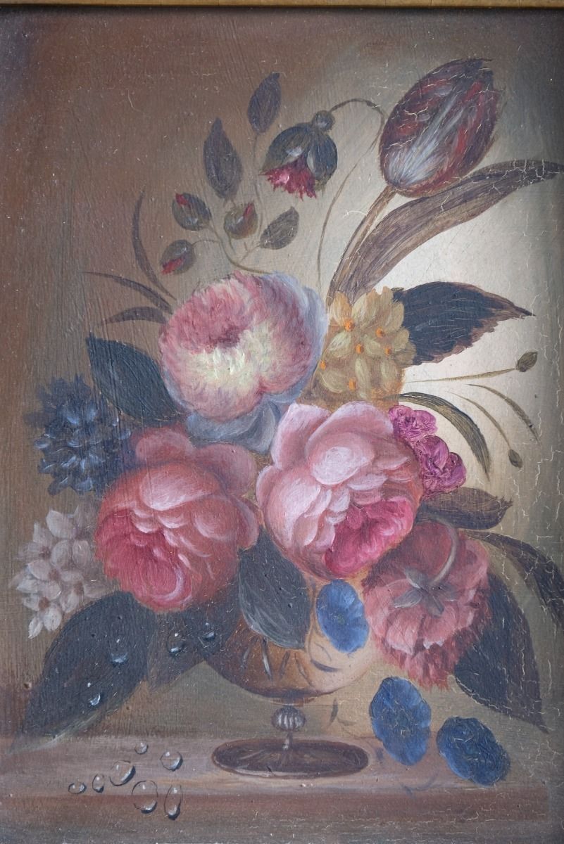 photo vintage English School Oil On Board Still Life Of Garden Flowers