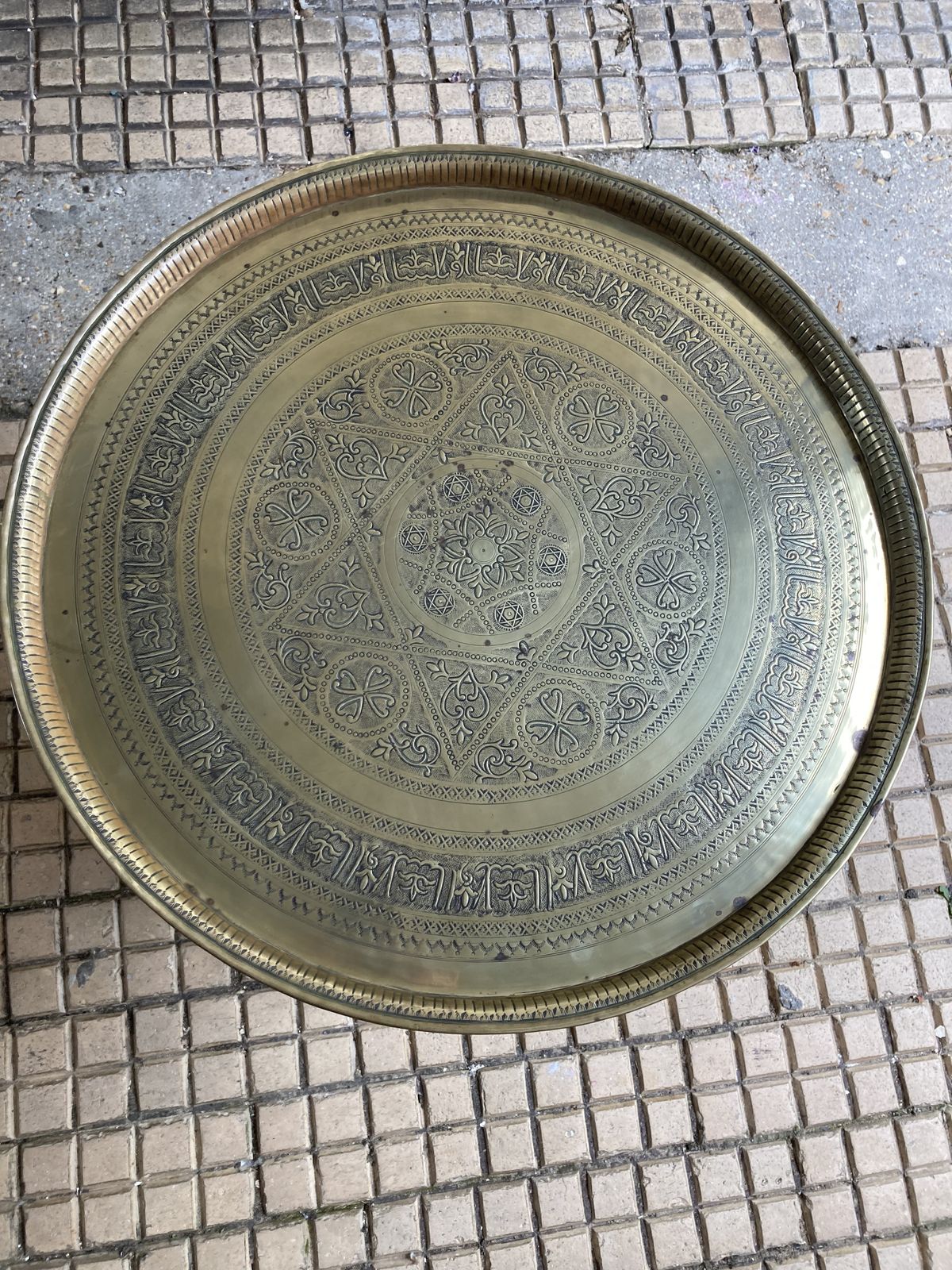 19thc Middle Eastern Carved And Turned Occasional Table With Brass Worked Top photo furniture
