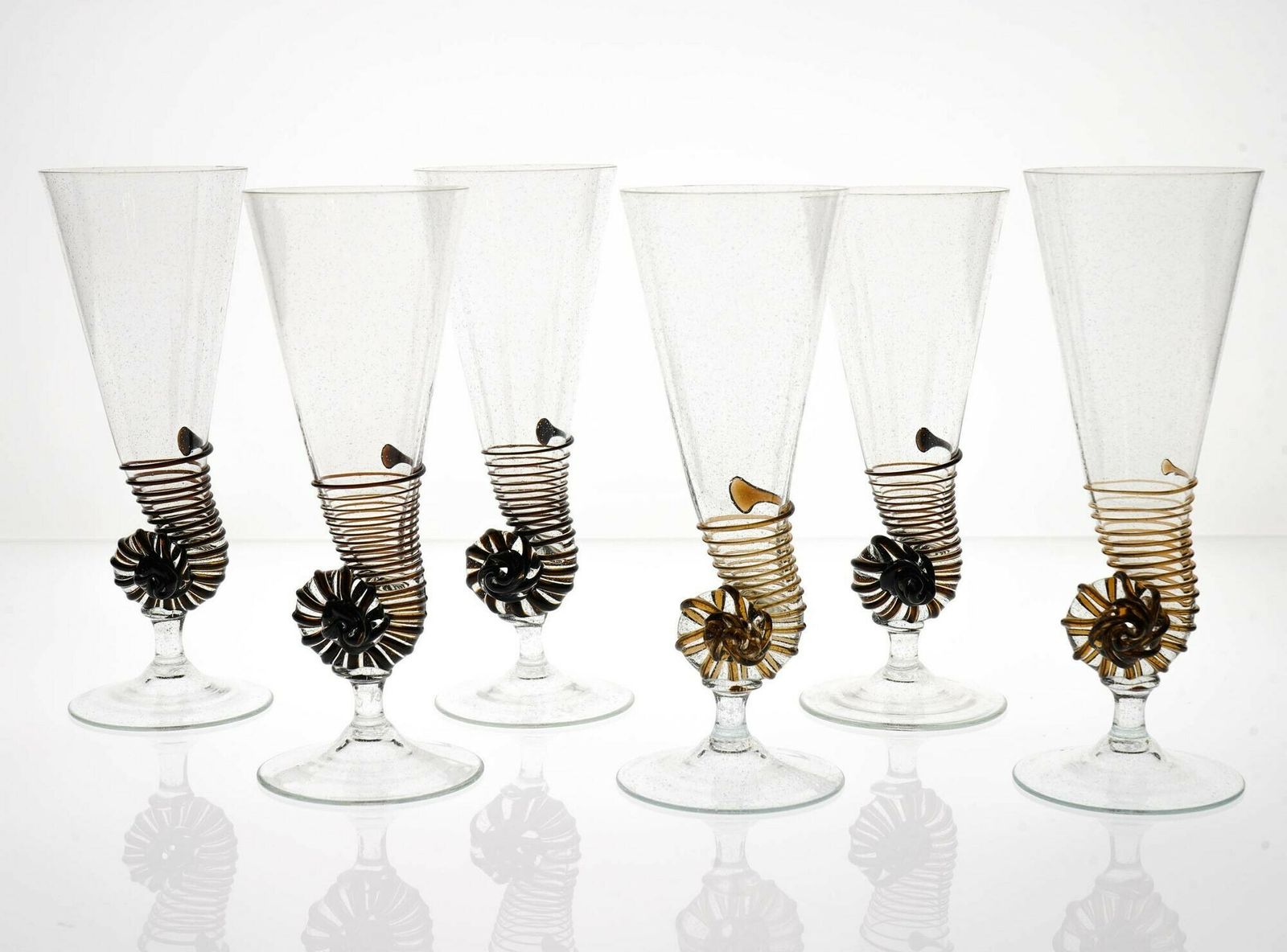 photo furniture Six Cenedese Nautilus Flutes Set, Brown Accent And Pulegoso Murano Glass Signed