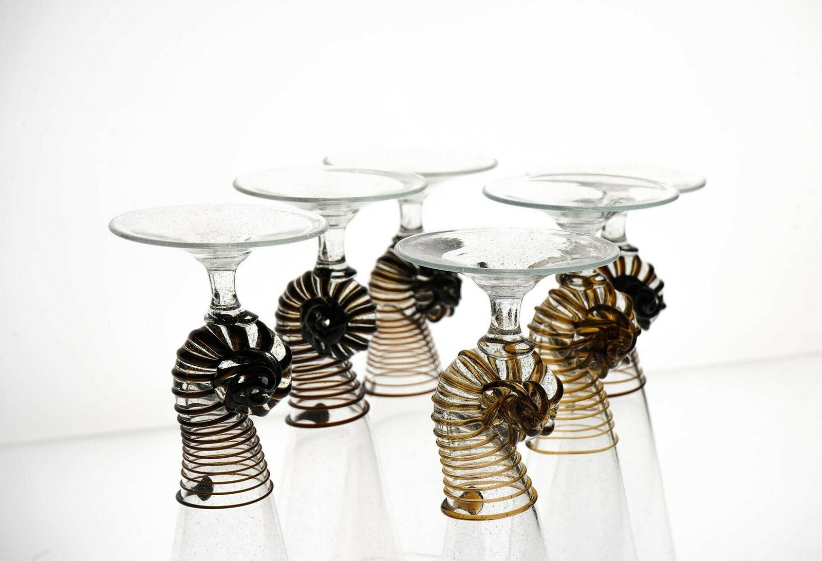 Home Decor Six Cenedese Nautilus Flutes Set, Brown Accent And Pulegoso Murano Glass Signed photo