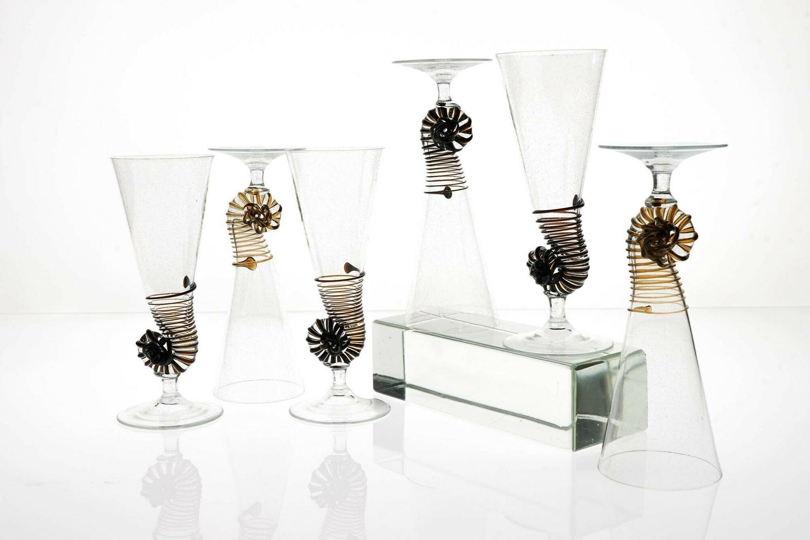 photo buy Six Cenedese Nautilus Flutes Set, Brown Accent And Pulegoso Murano Glass Signed