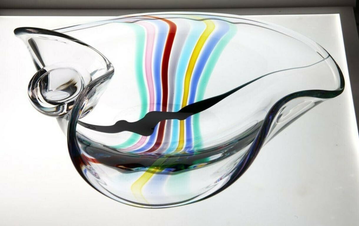 Livio Seguso, Heavy Murano Glass Bowl, Rainbow Design And Glass Orb, 80s Signed photo furniture