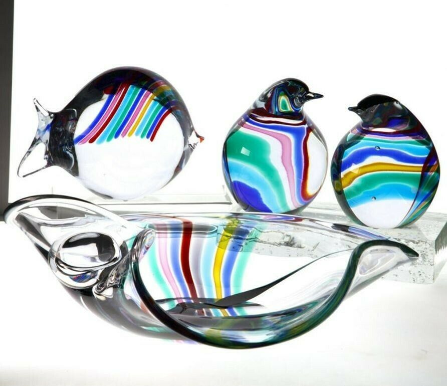 photo vinterior Livio Seguso, Heavy Murano Glass Bowl, Rainbow Design And Glass Orb, 80s Signed