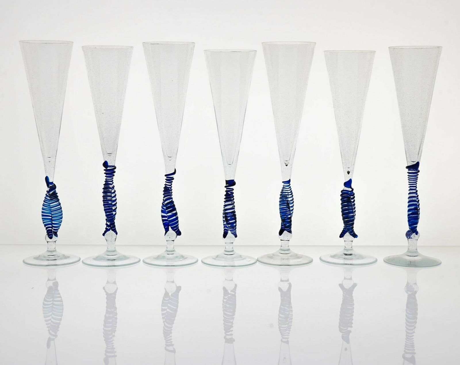 Set 7 Cenedese Ballerina Flutes, Cobalt Bead And Pulegoso Murano Glass, Signed photo furniture