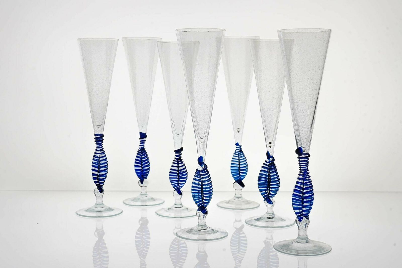 Set 7 Cenedese Ballerina Flutes, Cobalt Bead And Pulegoso Murano Glass, Signed photo for sale