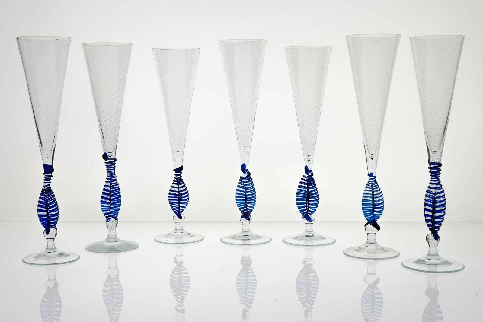 Set 7 Cenedese Ballerina Flutes, Cobalt Bead And Pulegoso Murano Glass, Signed photo Home Decor