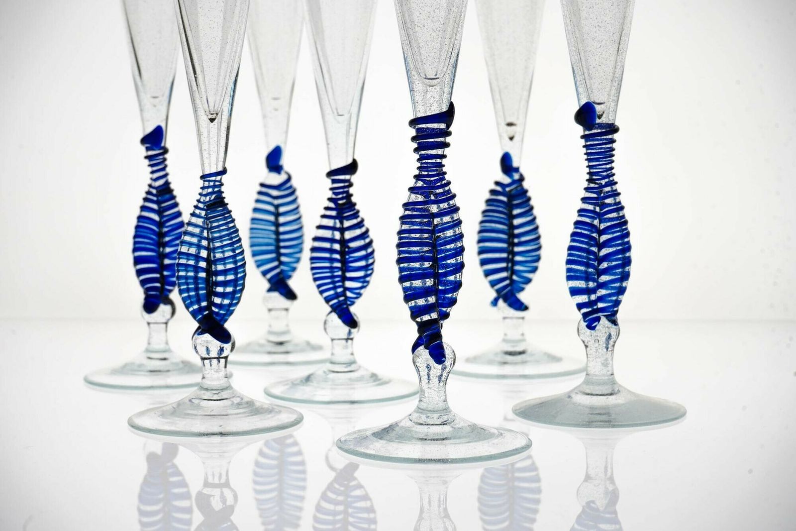 photo for sale Set 7 Cenedese Ballerina Flutes, Cobalt Bead And Pulegoso Murano Glass, Signed