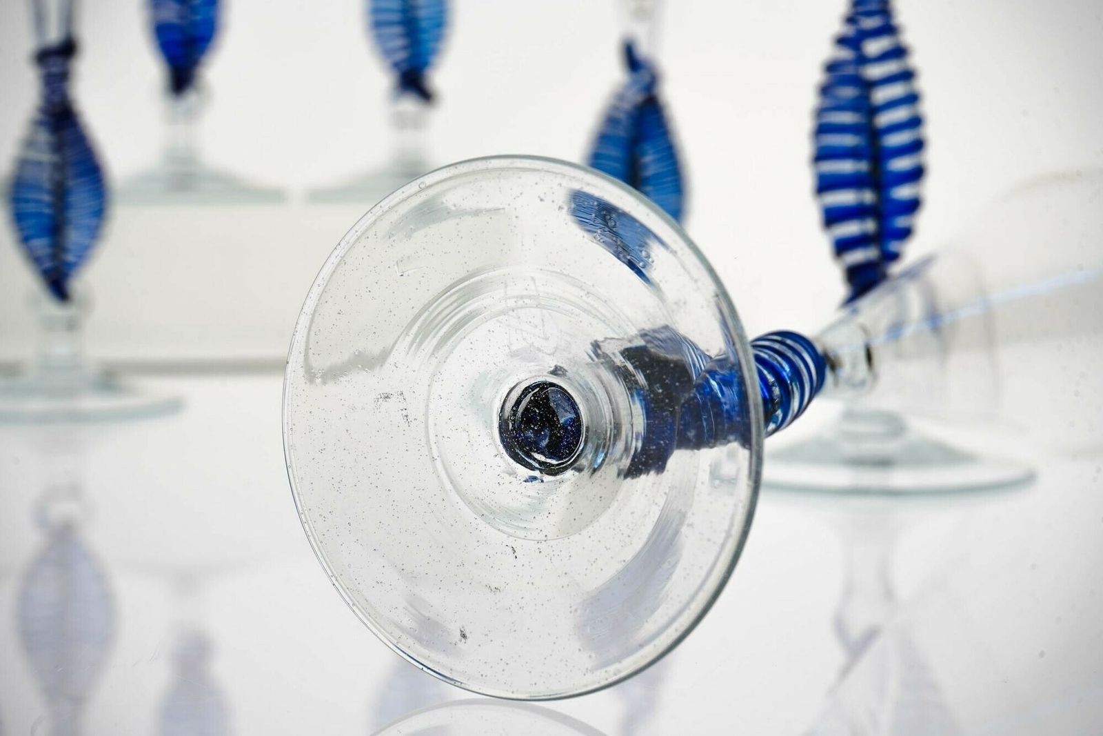 photo buy Set 7 Cenedese Ballerina Flutes, Cobalt Bead And Pulegoso Murano Glass, Signed
