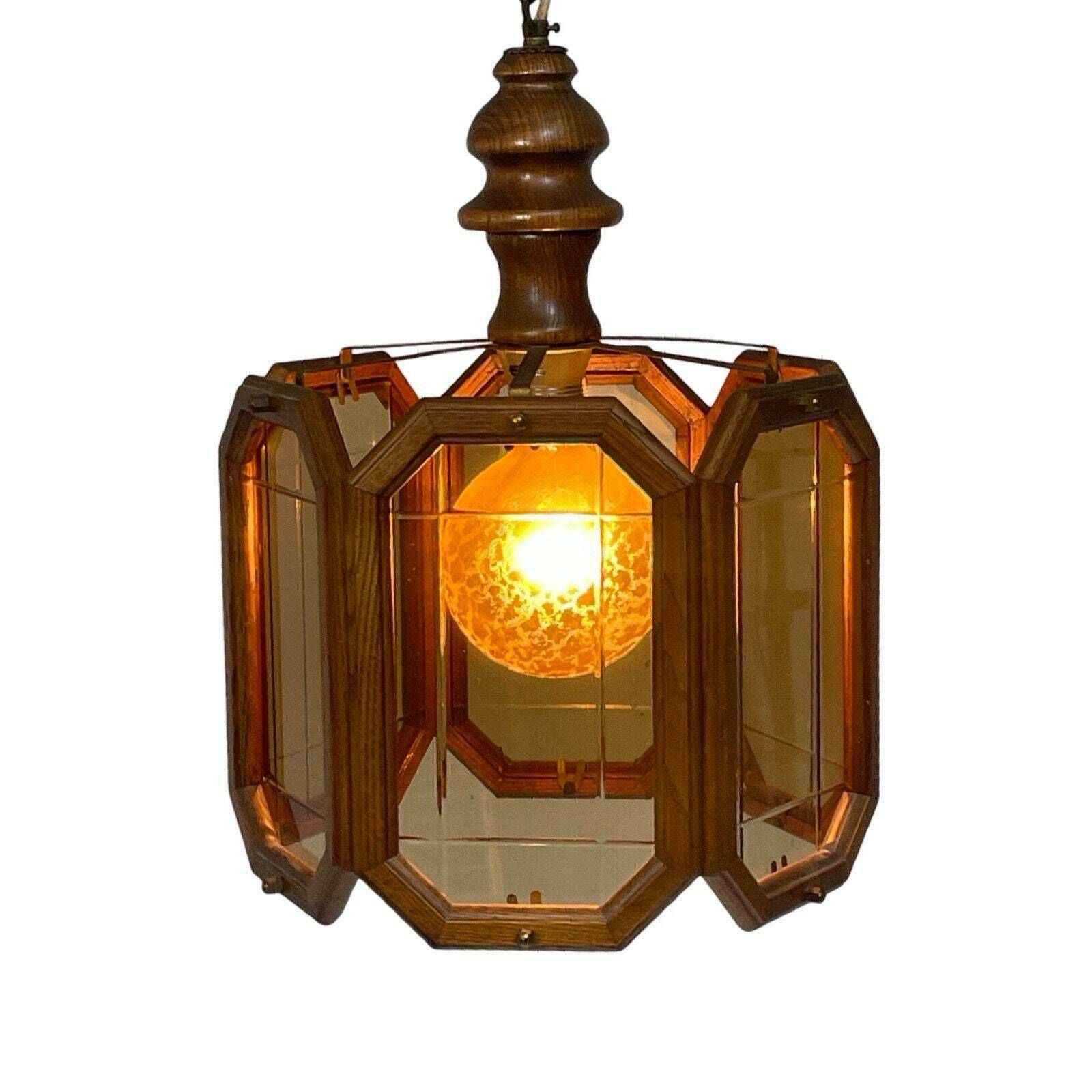 Ca. 1960's Ceiling Fixture   Dutch Made   With Oak Wood And Smoked Glass Panels