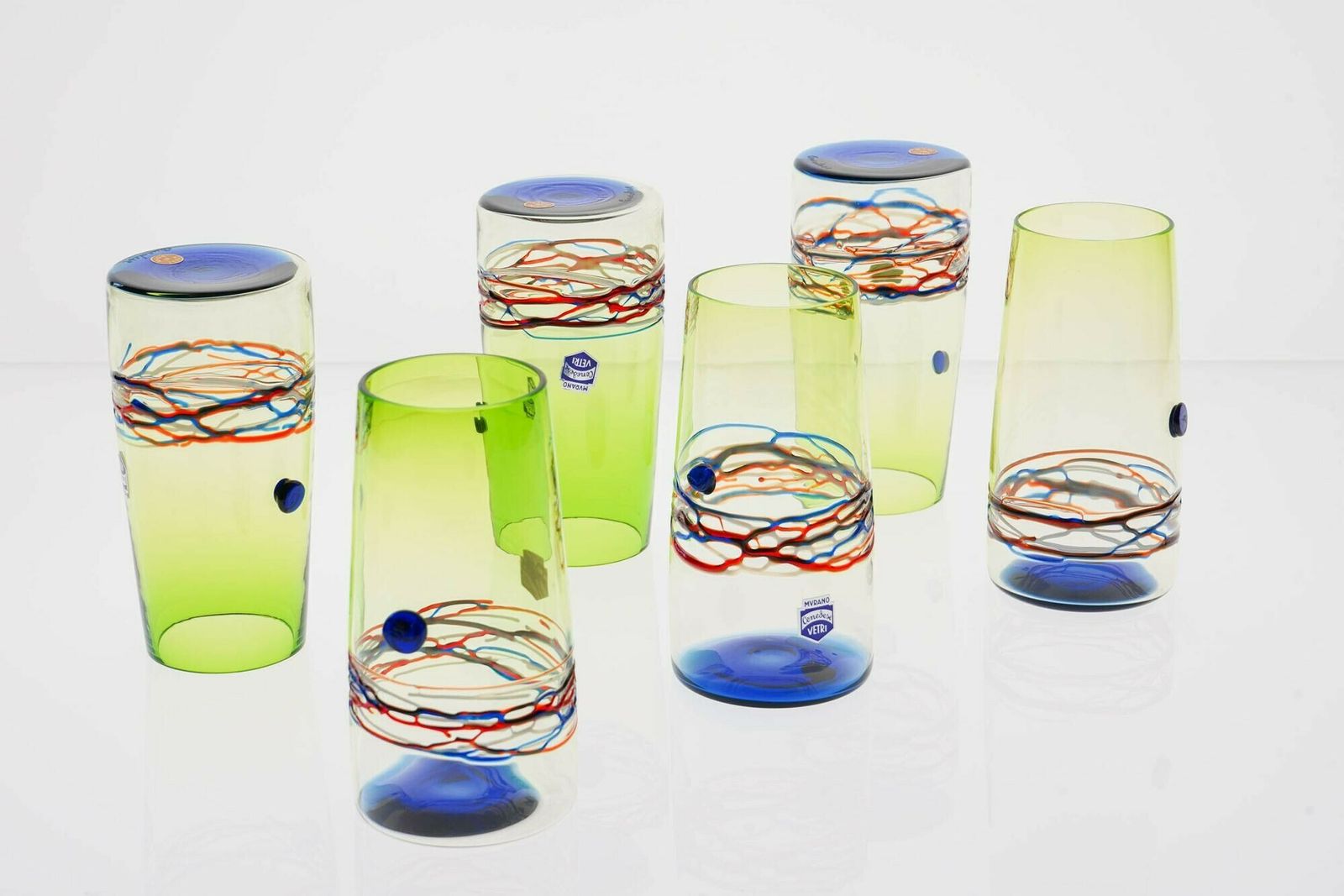 Unique Set Of 6 Murano Tumblers, Cenedese Murano 1960, Young Collection, Signed photo vinterior
