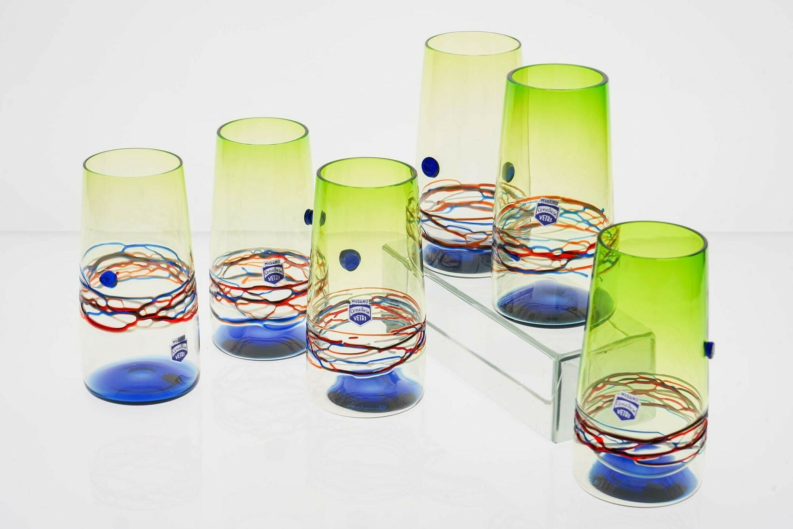1800.0 Unique Set Of 6 Murano Tumblers, Cenedese Murano 1960, Young Collection, Signed photo