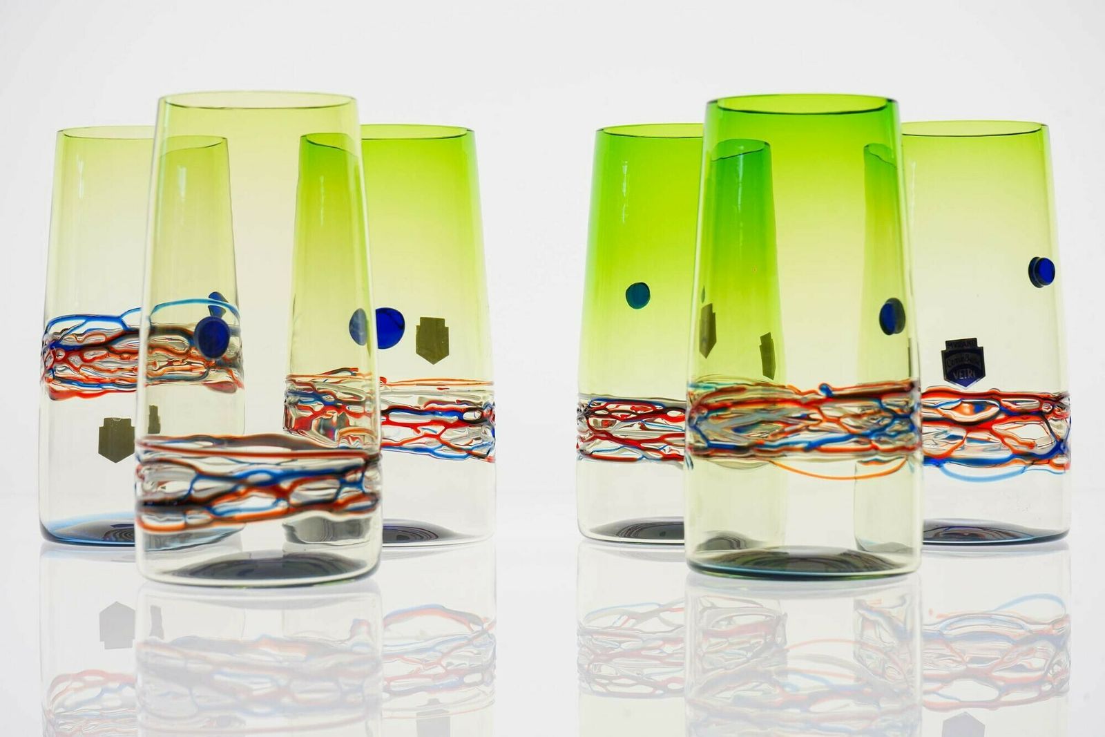 photo buy Unique Set Of 6 Murano Tumblers, Cenedese Murano 1960, Young Collection, Signed
