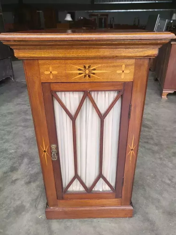 Antique Edwardian Small Inlaid Glazed Cabinet Fabric Curtain Shelves
