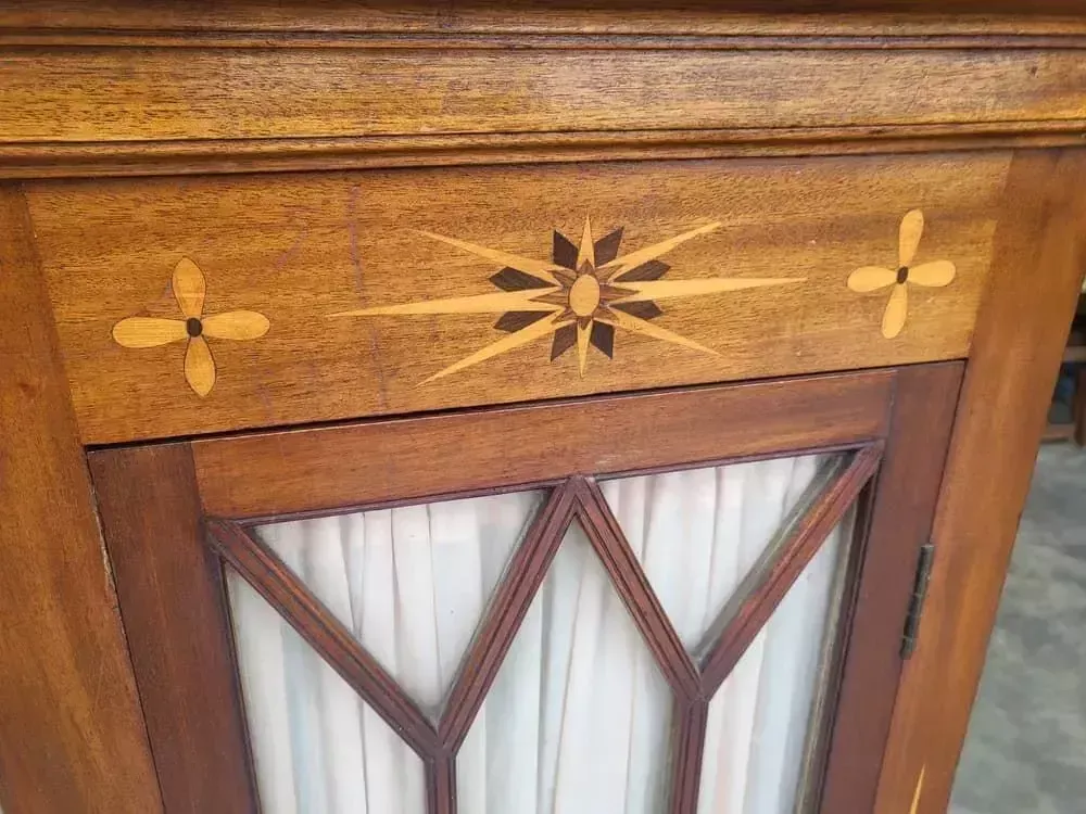 Antique Edwardian Small Inlaid Glazed Cabinet Fabric Curtain Shelves photo furniture