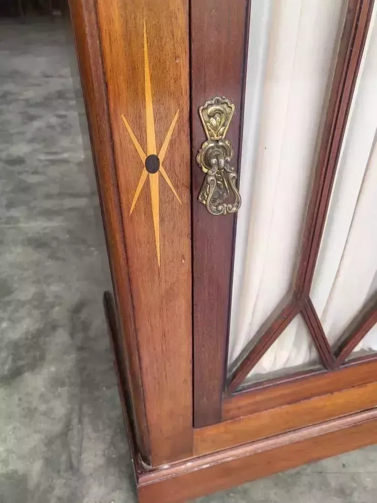 Antique Edwardian Small Inlaid Glazed Cabinet Fabric Curtain Shelves photo for sale