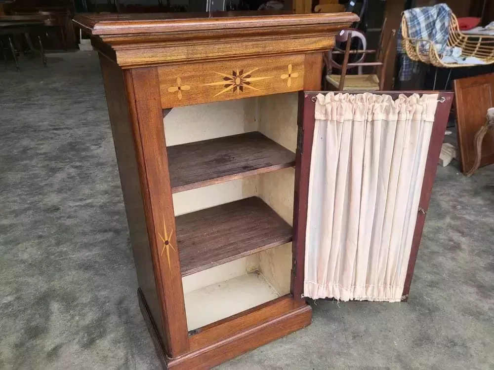 Antique Edwardian Small Inlaid Glazed Cabinet Fabric Curtain Shelves photo Furniture