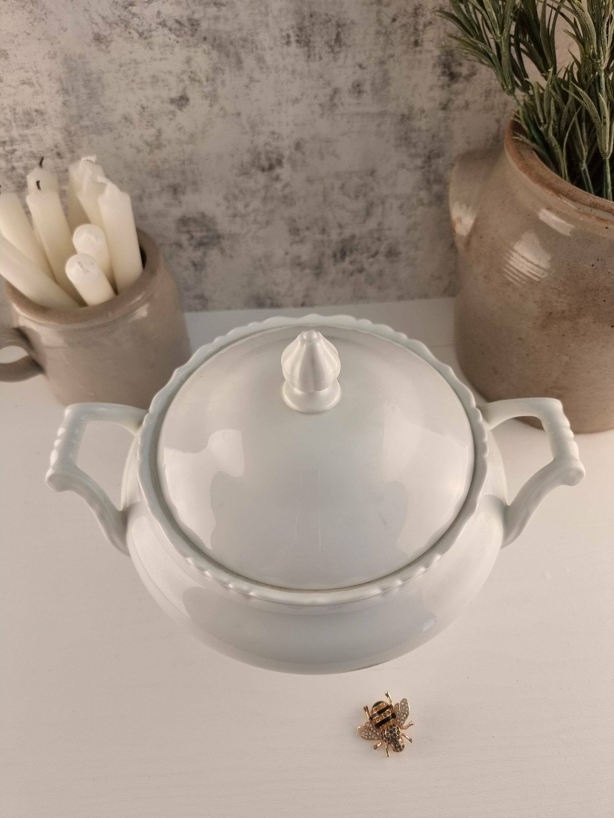 Vintage French Ironstone White Tureen, Vintage French Ironstone Serving Dish, Vintage White Tureen photo furniture