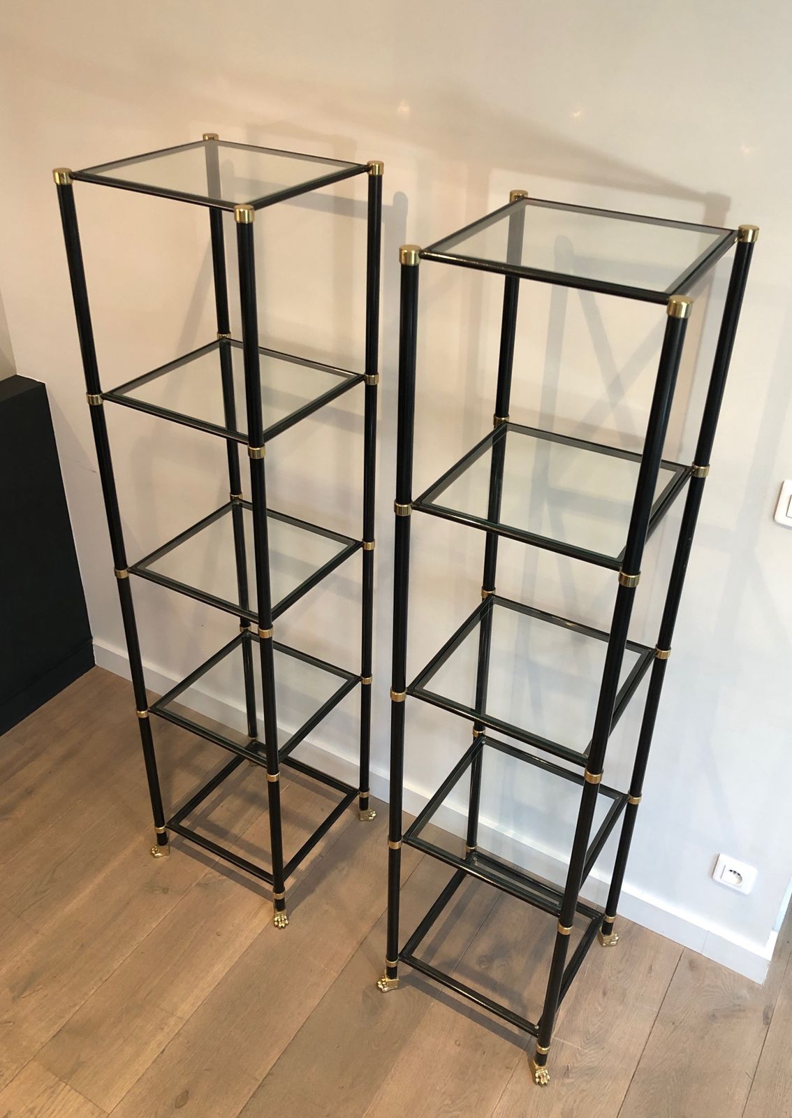 Pair Of Shelves In Black Lacquered Metal And Brass. Guy Lefèvre For Maison Jansen. Around 1970 photo furniture
