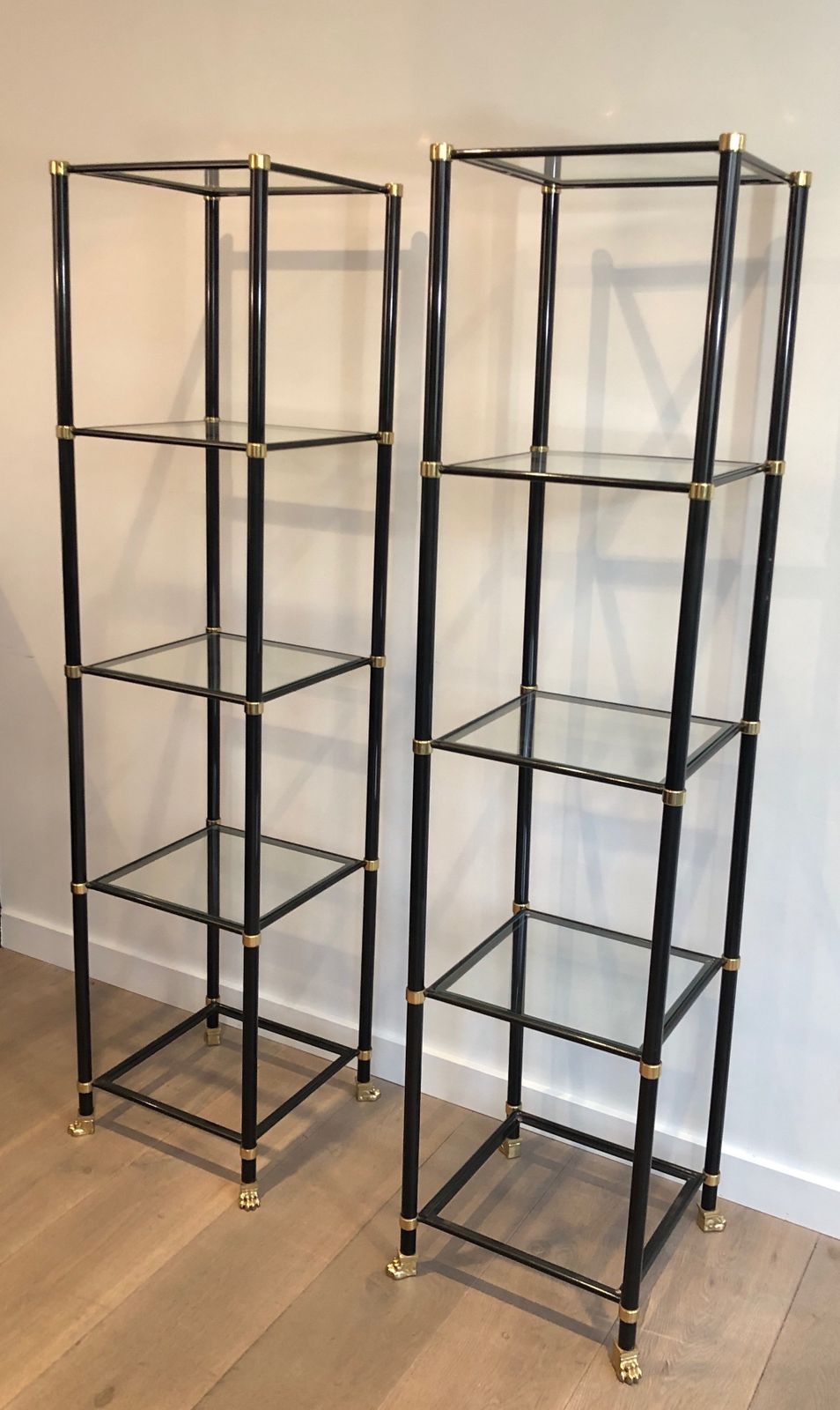 Pair Of Shelves In Black Lacquered Metal And Brass. Guy Lefèvre For Maison Jansen. Around 1970 photo for sale