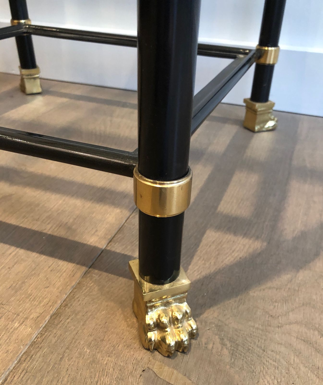 photo furniture Pair Of Shelves In Black Lacquered Metal And Brass. Guy Lefèvre For Maison Jansen. Around 1970
