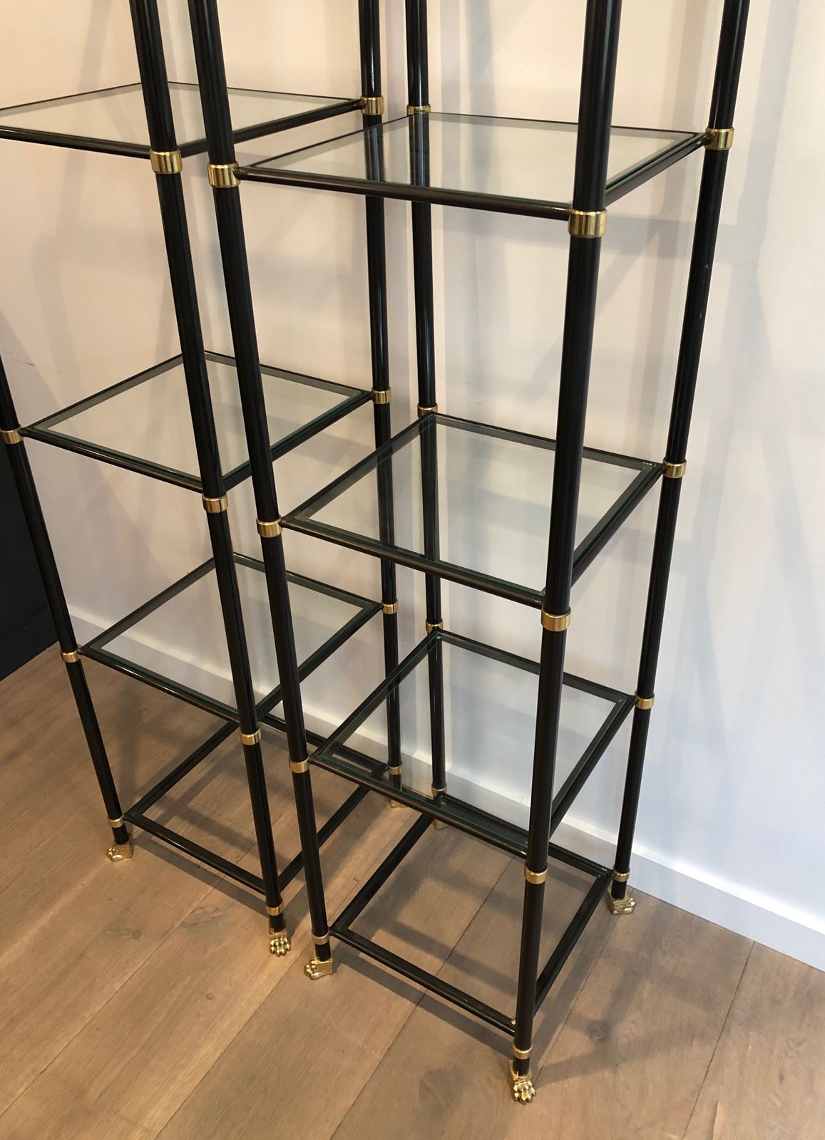 Furniture Pair Of Shelves In Black Lacquered Metal And Brass. Guy Lefèvre For Maison Jansen. Around 1970 photo