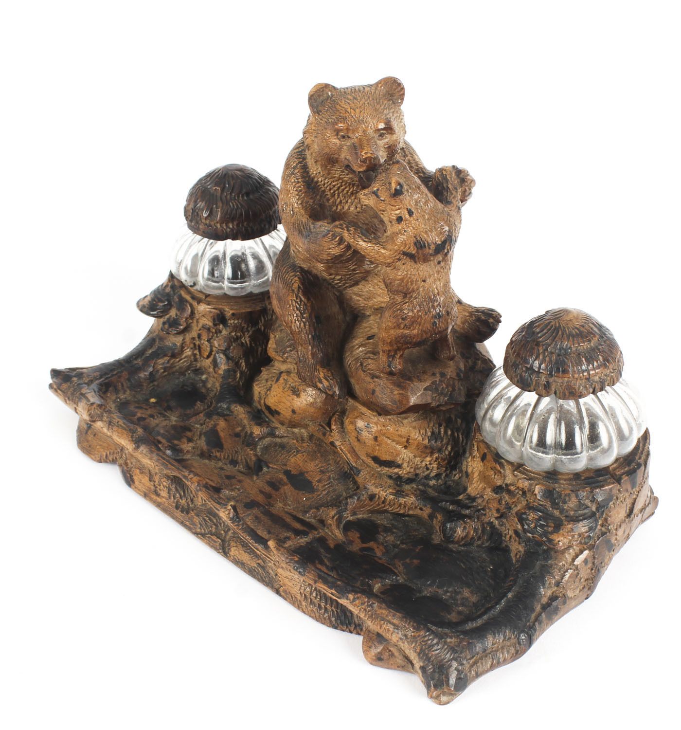 Antique Hand Carved Black Forest Bears Inkstand 19th Century photo for sale