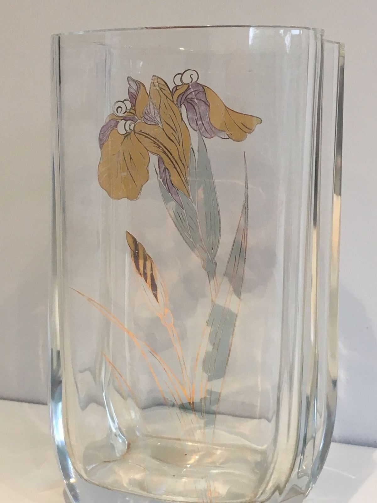Glass Vase Decorated With Golden Flowers. Around 1970 photo vinterior