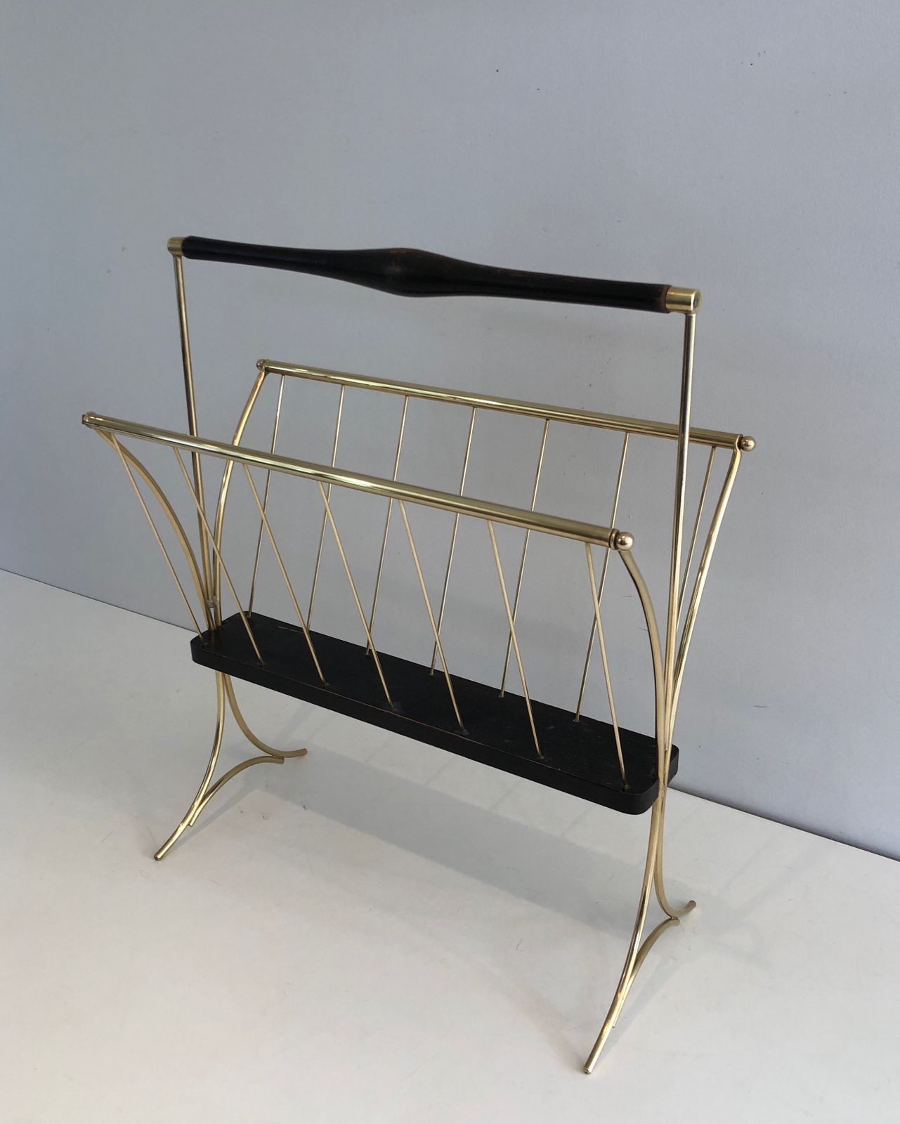 Magazine Rack In Blackened Wood And Brass photo for sale