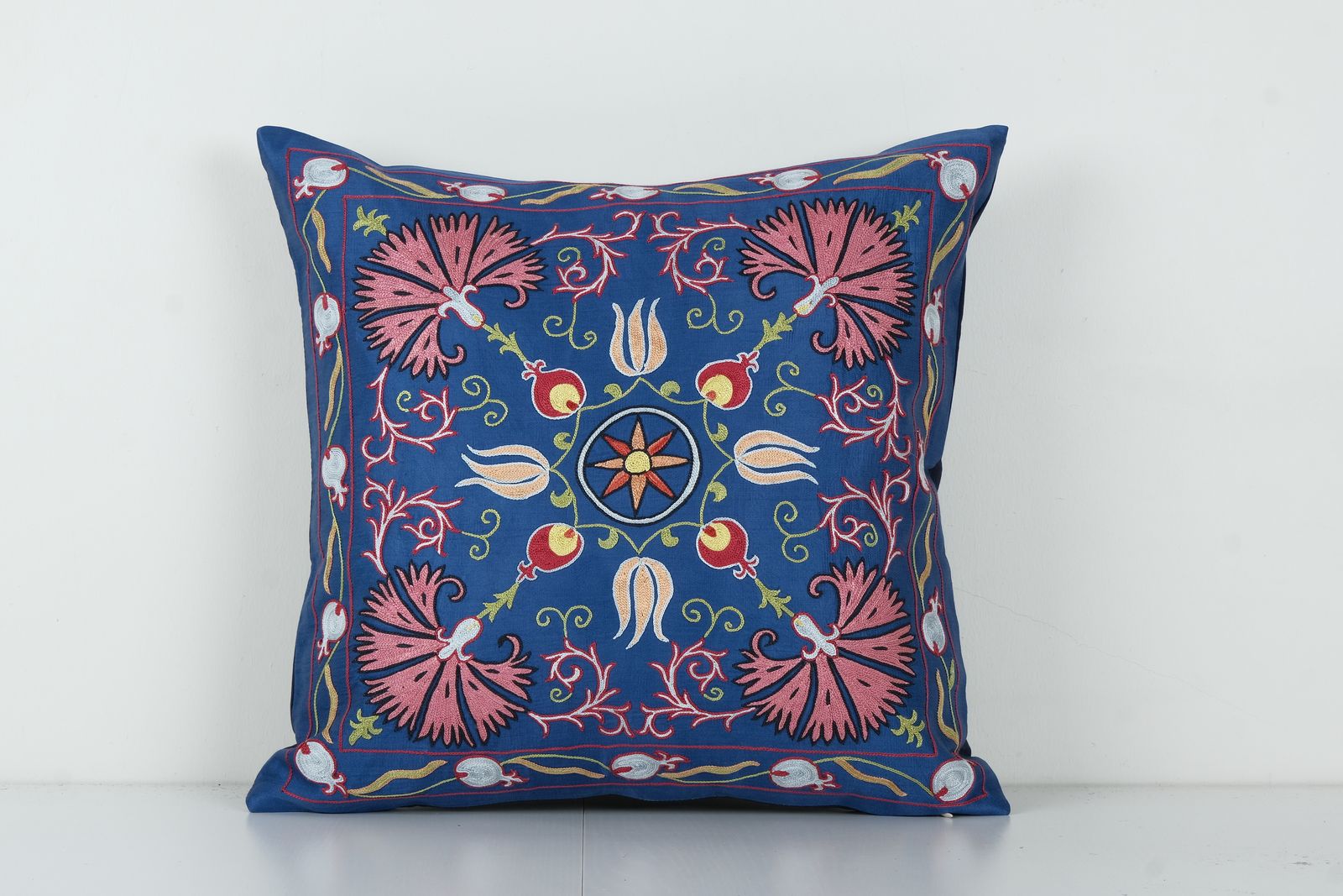 Embroidery Suzani Royal Blue Silk On Silk Pillow Fashioned From A Mid 20th Century Samarkand Suzani, Ethnic Boho Cushion Cover