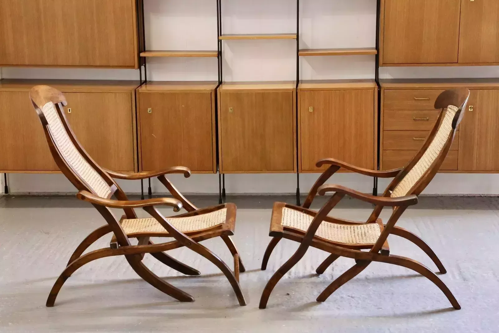 Pair Fine Early Victorian Walnut And Cane Folding Travel Steamer Chairs photo vintage