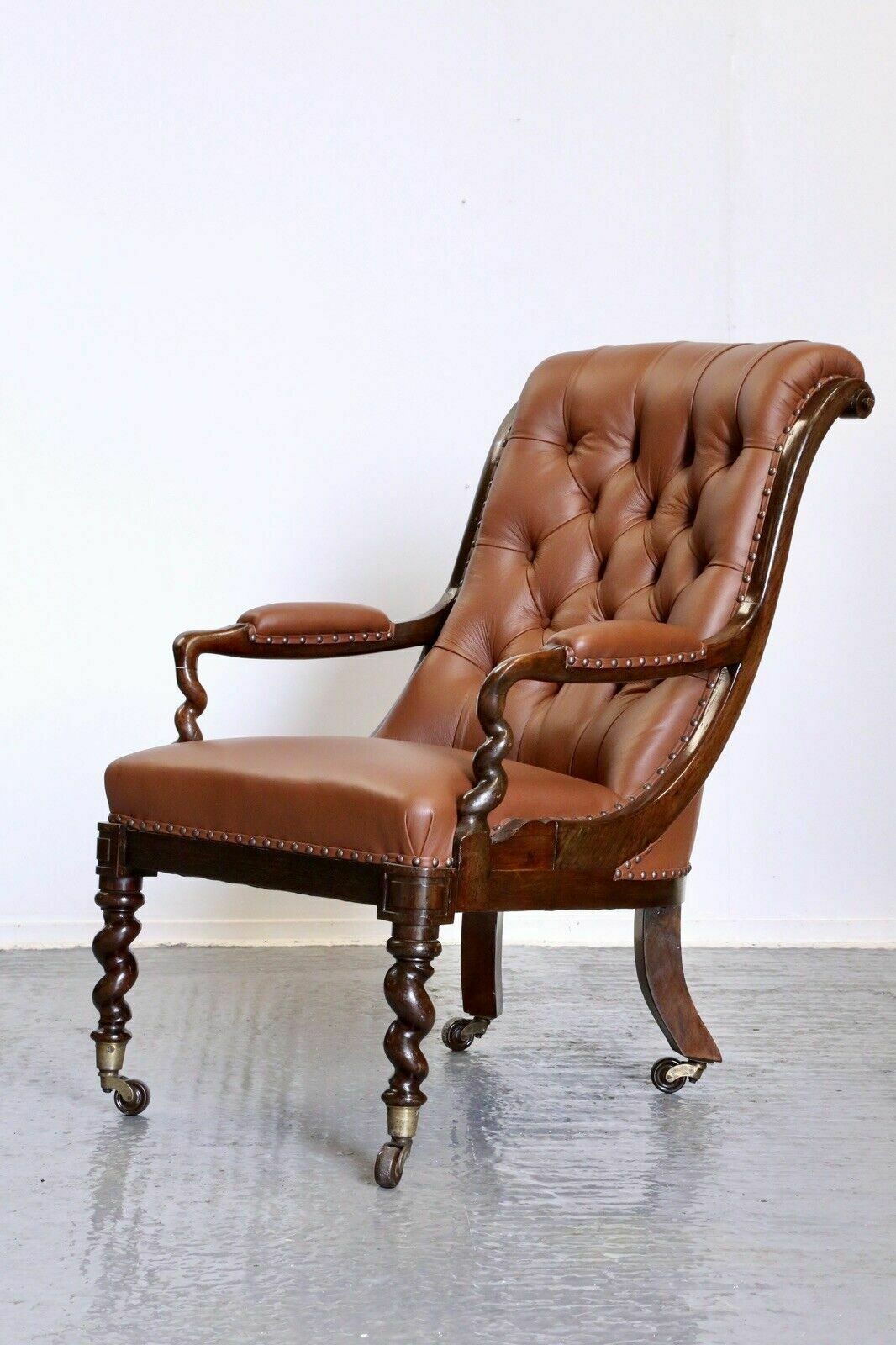 Fine Antique William IV Rosewood Barley Twist Tan Button Stud Leather Armchair photo vinterior