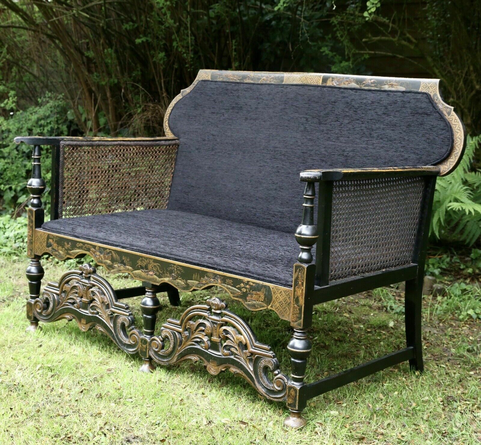Liberty Of London Style Black Lacquered Chinoiserie 2 Seater Sofa photo for sale