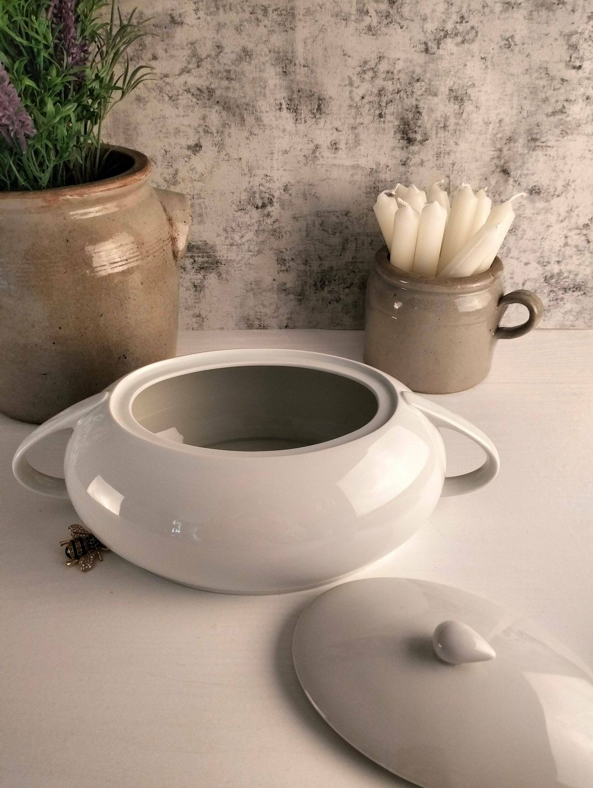 Vintage White Tureen, Art Deco Styled White Vegetable Serving Bowl, Vintage Serving Bowl With Lid, Scherzer Porcelain photo 133.0