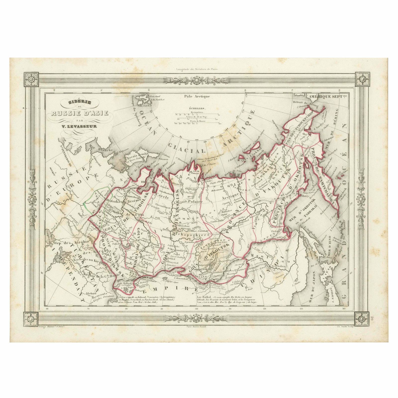 Antique Map Of Russia In Asia And Siberia, With Frame Style Border