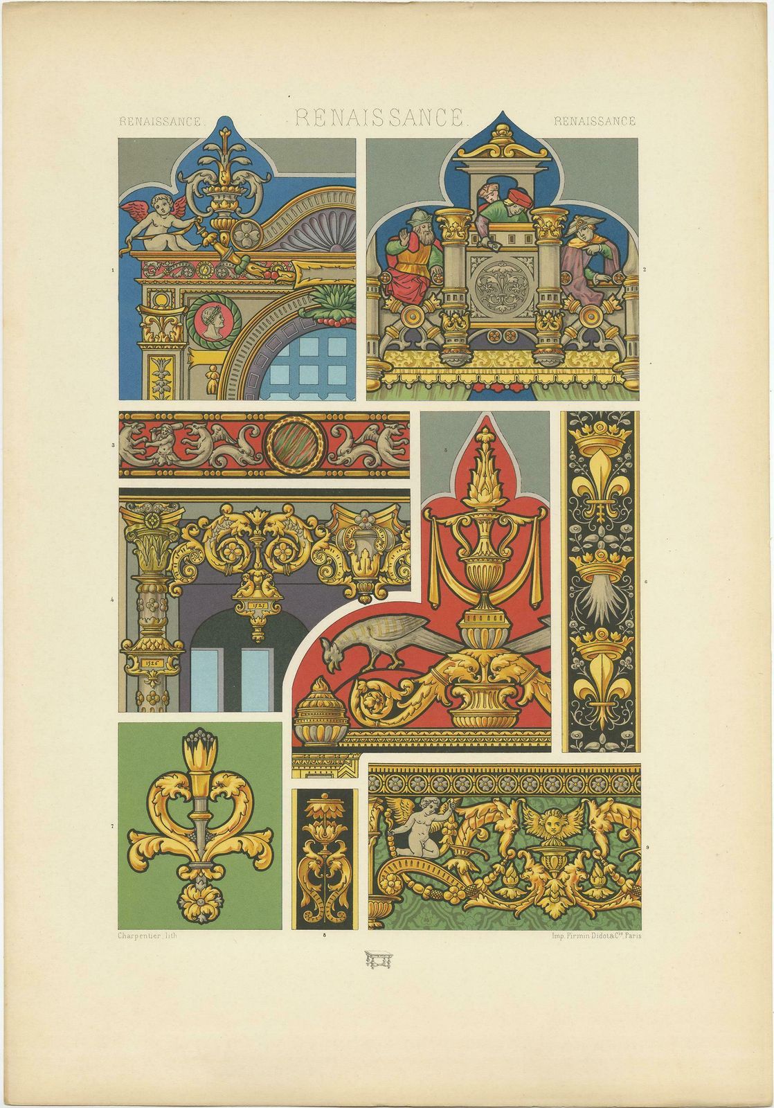 Pl. 85 Antique Print Of Renaissance Architectural Motifs By Racinet 'Circa 1890' photo for sale