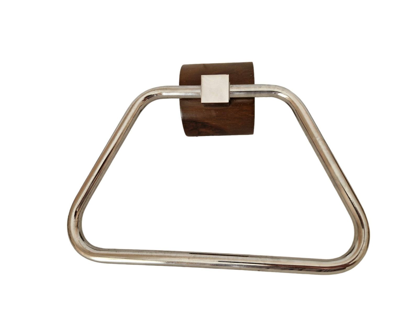 1970s Chrome And Wood Towel Ring, Minimalist Bathroom Wall Decor photo vintage