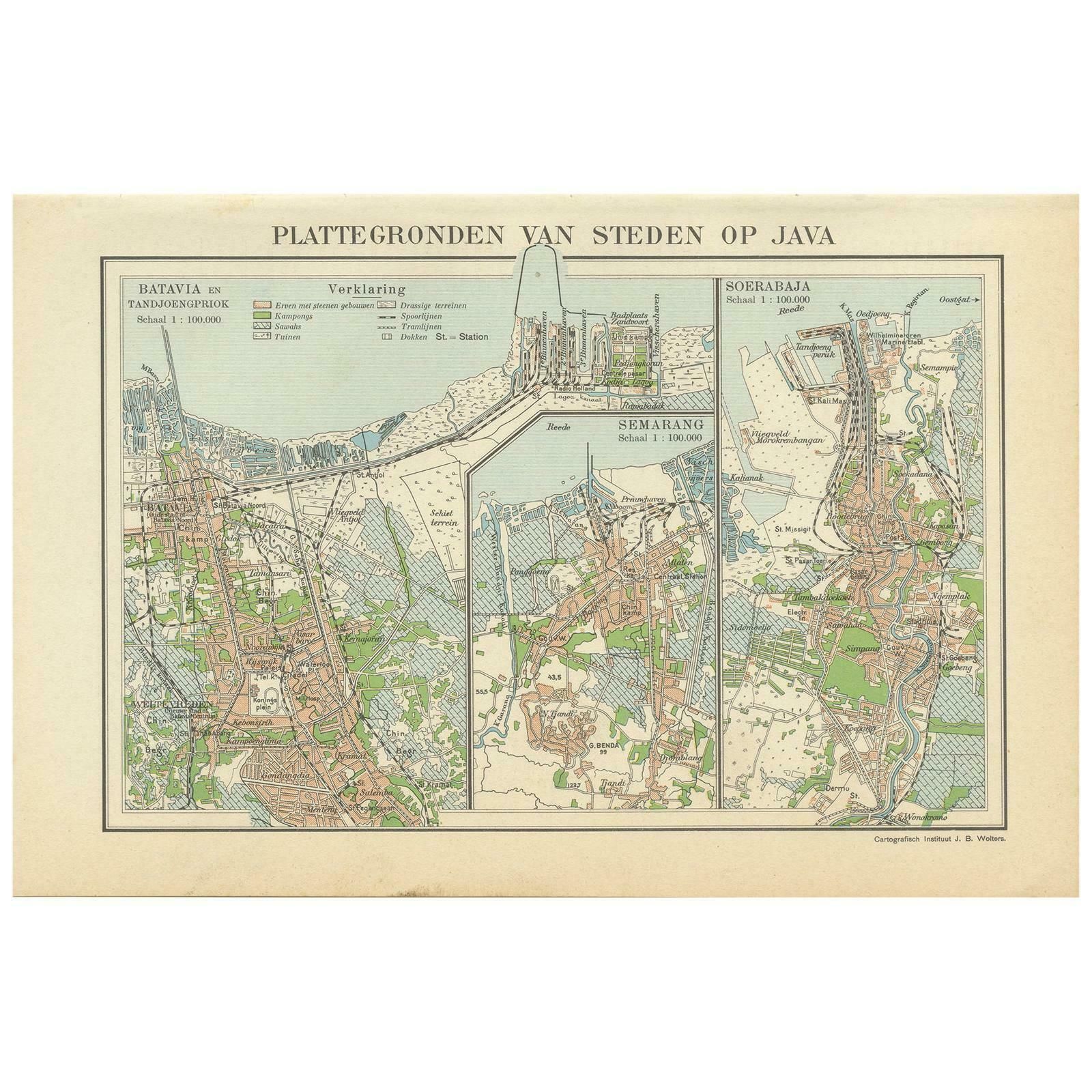 Antique Map Of Batavia, Semarang And Surabaya By Wolters 'Circa 1910'