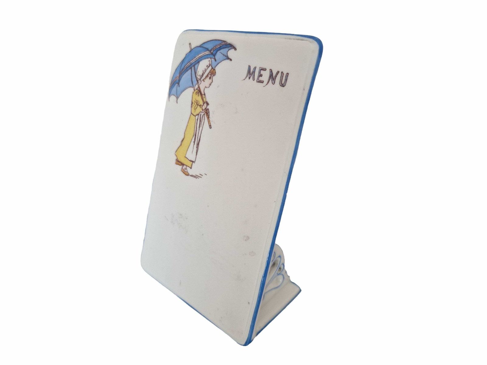 French Antique Majorelle Porcelain Menu Holder With Girl Holding Parasol, Elegant Table Decor photo Home Decor