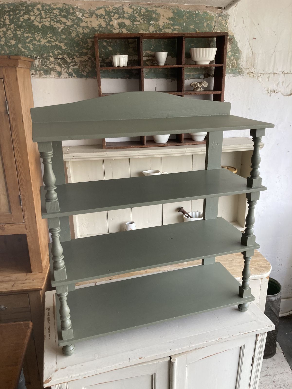 Victorian Green Painted Freestanding Display Shelves With Turned Columns photo furniture