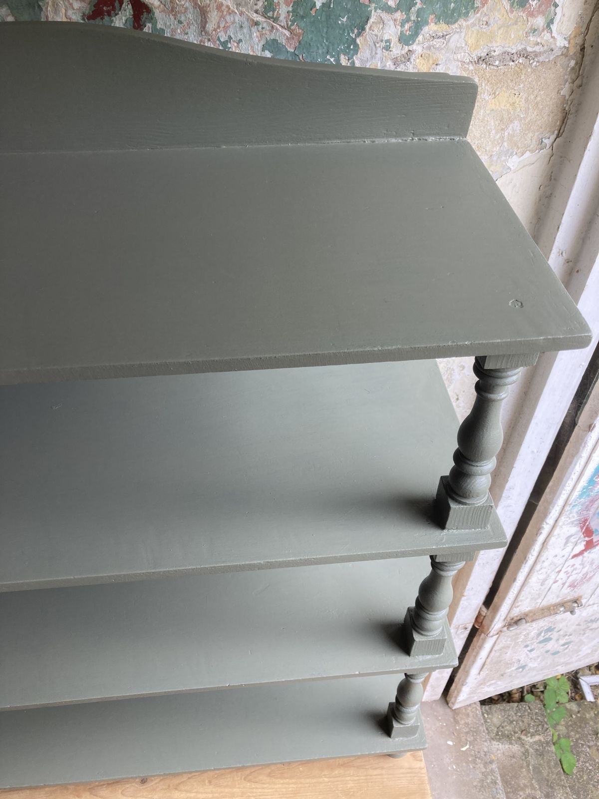 photo for sale Victorian Green Painted Freestanding Display Shelves With Turned Columns