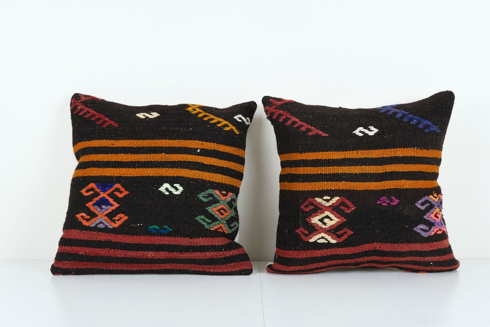 Handmade Organic Striped Kilim Pillow Cover, Set Of Two Ethnic Chair Decor From Anatolian, Pair Rustic House Decor