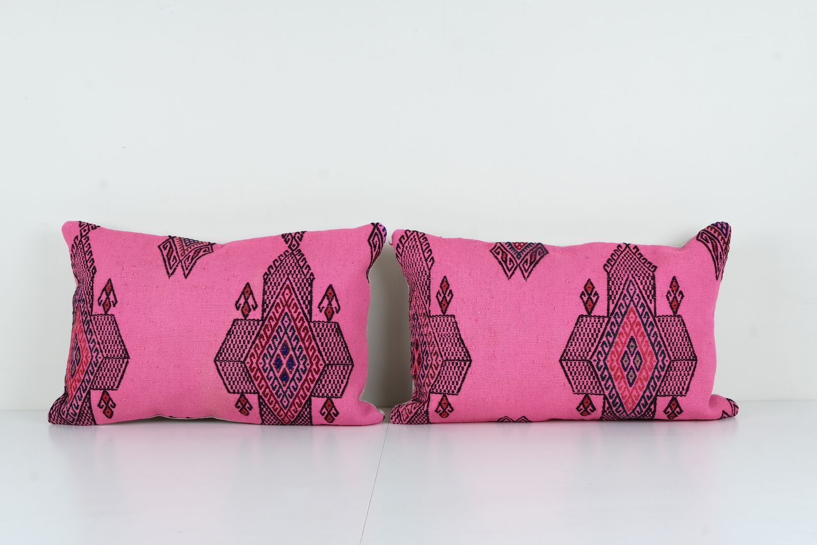 Set Of Two Striped Pink Wool Turkish Striped Pillow Covers, Pair Anatolian Minimalist Old Kilim Pillow Covers
