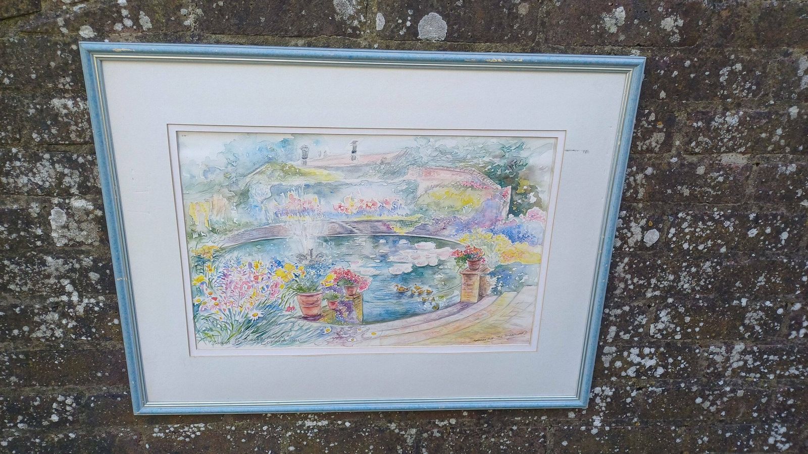 Wonderful Large Original Water Colour, Water Colour Painting Of Images Of Dianas Garden Copinger Hall, By Samantha Jill D Howard, Pond