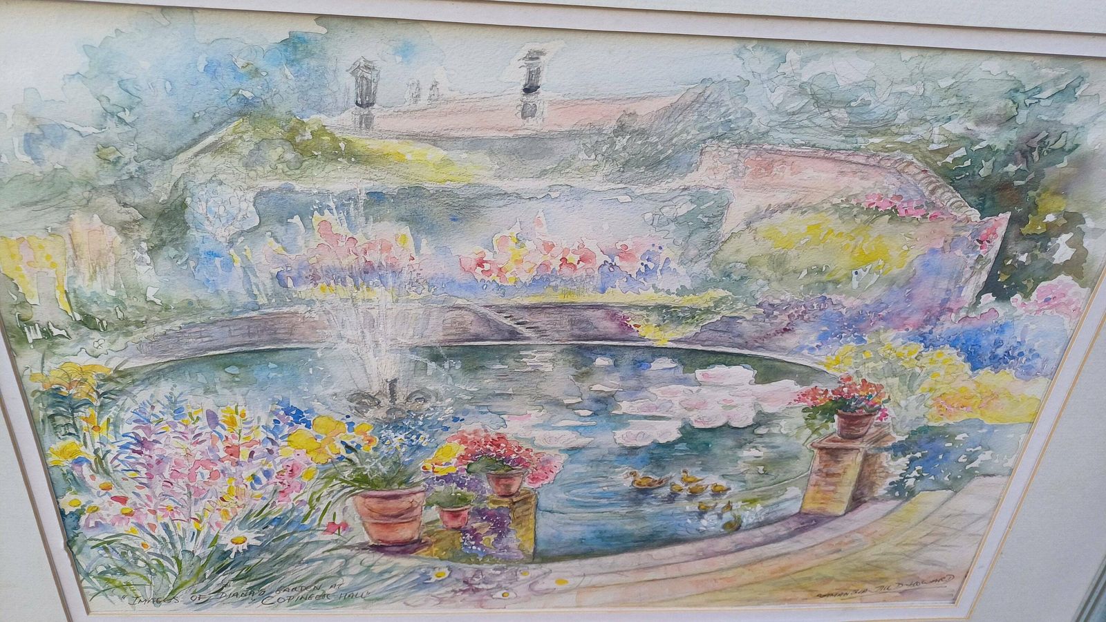 Wonderful Large Original Water Colour, Water Colour Painting Of Images Of Dianas Garden Copinger Hall, By Samantha Jill D Howard, Pond photo vintage
