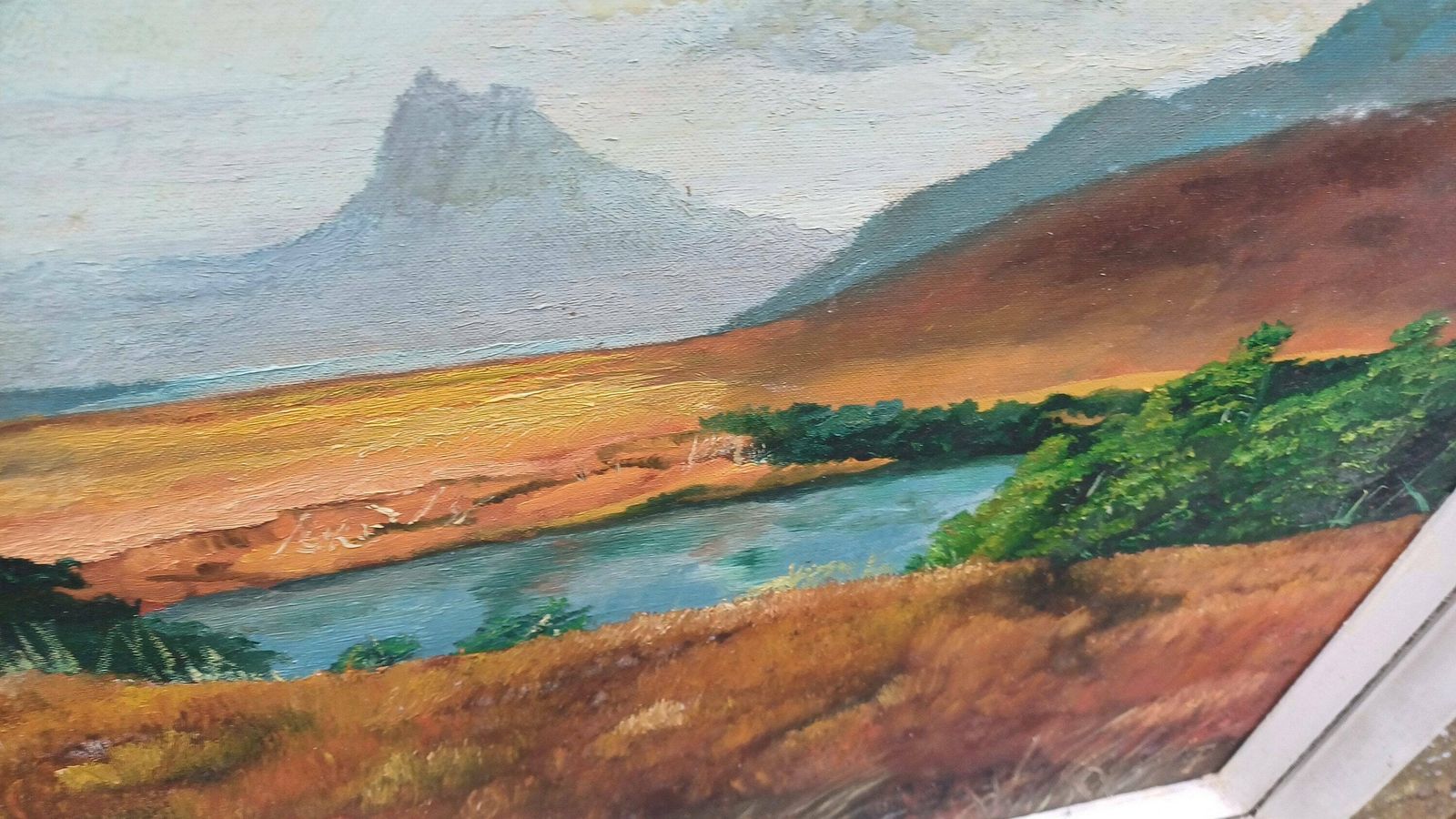 Original Vintage Oil Painting Of A Landscape, Framed In Wonderful Retro Material Mounted Vintage Frame   Large photo 85.0