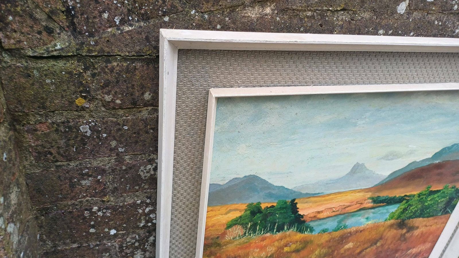 Original Vintage Oil Painting Of A Landscape, Framed In Wonderful Retro Material Mounted Vintage Frame   Large photo vintage