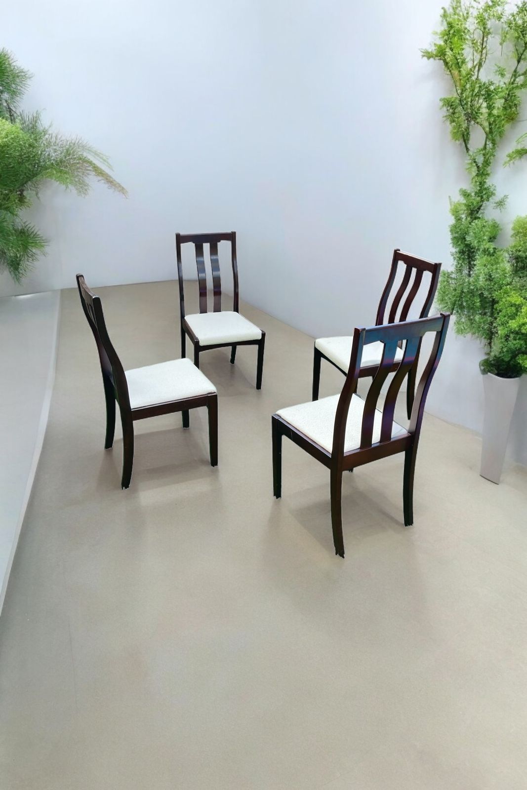 A Set Of Four Mid Century Meredew Dining Chairs, Deep Mahogany With Cream Paris Boucle photo vintage